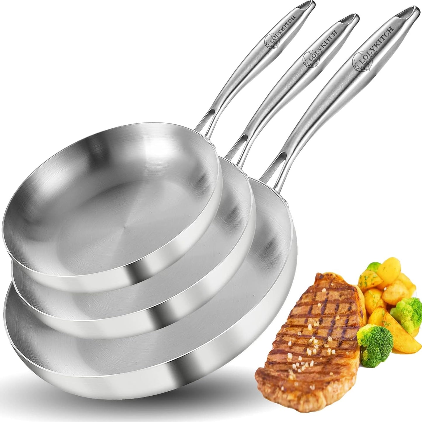 LOLYKITCH 9.5 Inch Small Stainless Steel Pan | Tri-Ply | PFOA & PTFE Free