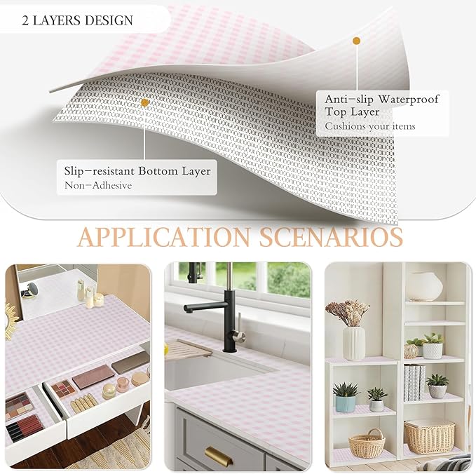 Beautysaid Shelf and Drawer Liner for Kitchen Cabinet, Non Adhesive Non Slip Shelf Paper Waterproof Washable Thickened for Dresser Pantry Shelve Bathroom Protector Liner(Pink Checkered,12 in x 30 FT)