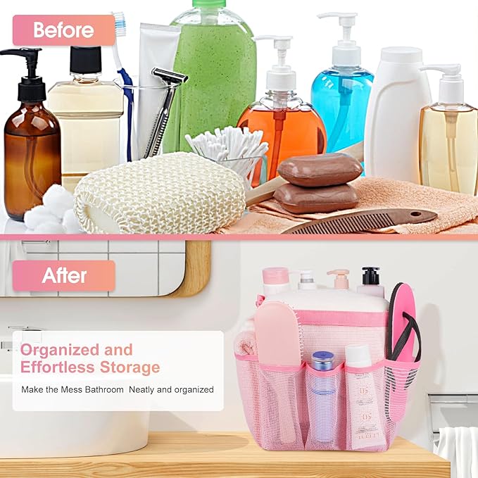 Attmu 2 Pack Mesh Shower Caddy Portable for College Dorm Room Essentials with 8 Pockets, Hanging Shower Caddy Dorm Basket, Quick Dry Shower Bag for Bathroom