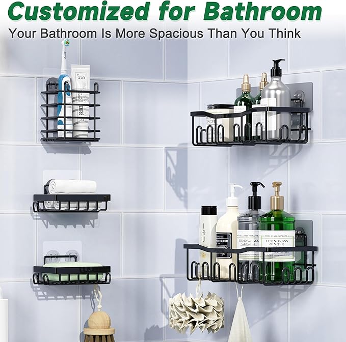 Shower Caddy 5 Pack Rustproof Stainless Steel Bath Organizers With Large Capacity, No Drilling Shelves, Adhesive Shower Caddy, for Bathroom Storage & Home Decor, SC02