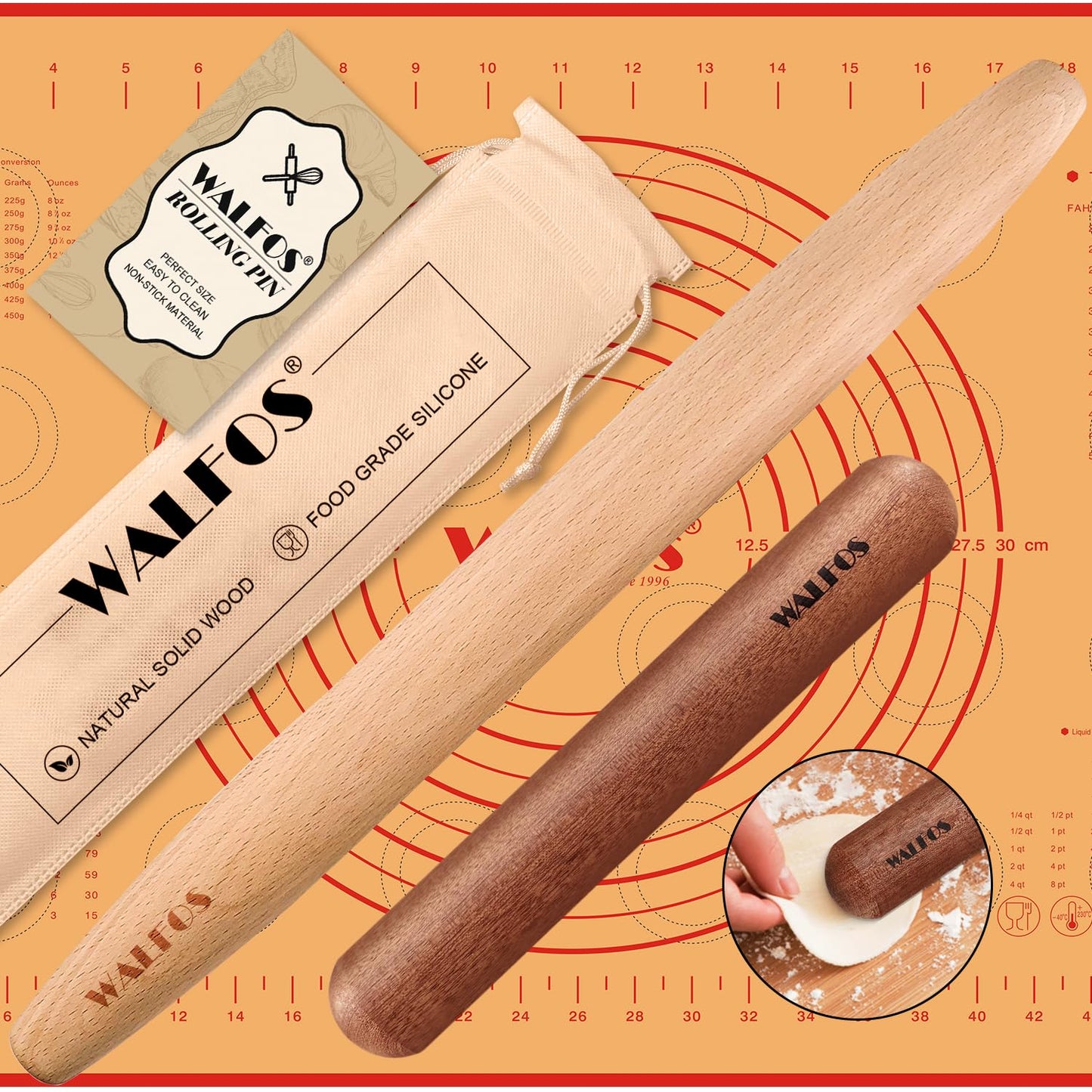 WALFOS French Rolling Pin and Silicone Baking Mat Set, Non-Stick Beech Wood Rolling Pin 15.7 Inch and Pastry Mat for Best Pie Crust, Cookie, Pasta and Pizza Dough