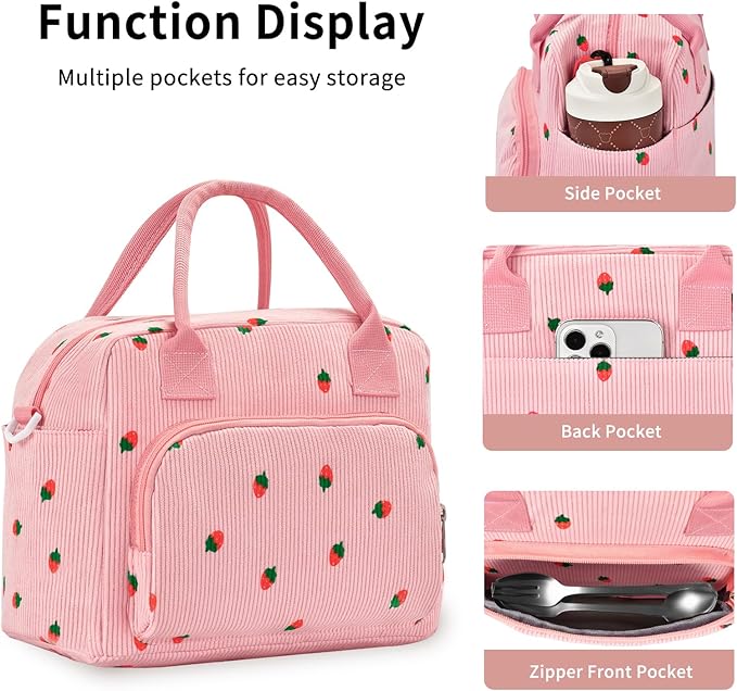 Lunch Bag Women Lunch Box for Women Adult Cute Insulated Lunch Bag Lager Cooler Lunch Tote Bags for Work Picnic (Pink-Strawberry)