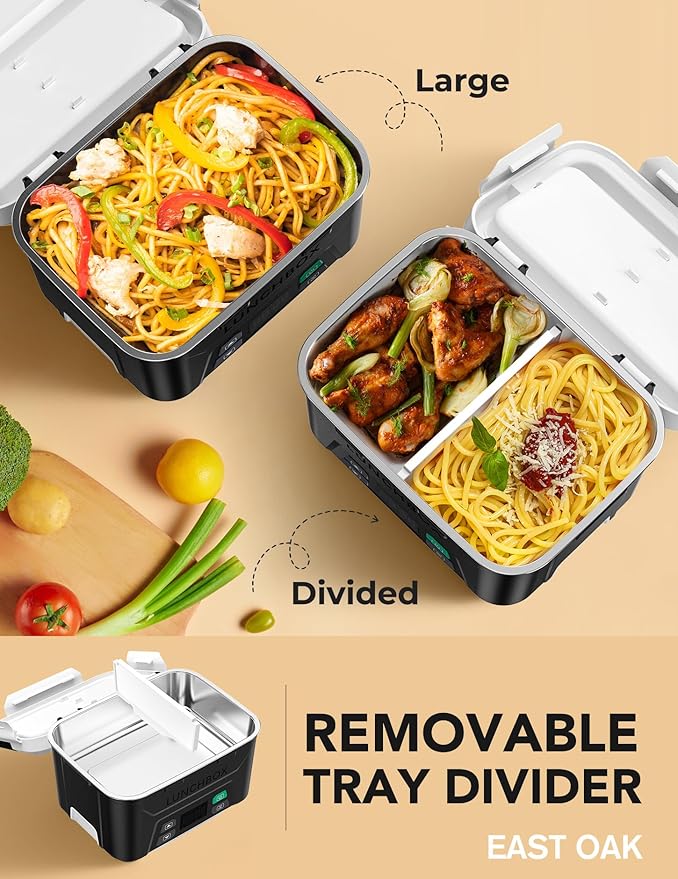 EAST OAK Cordless Electric Lunch Box for Adults, Heated Lunch Box Battery Powered with Automatic Heating, 5.5 Cups Portable Food Warmer with Removable Tray Divider