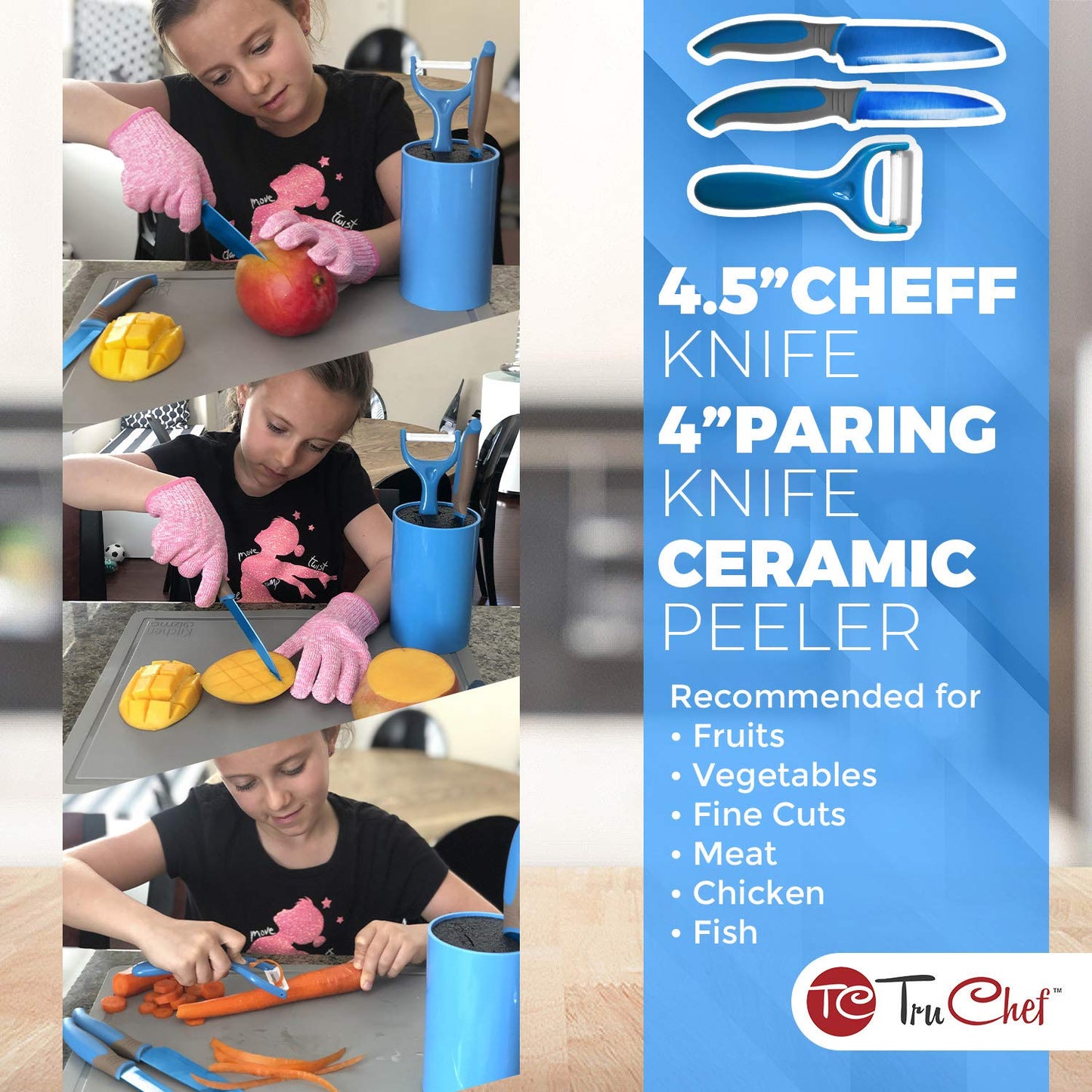 TruChef Kids Knife Set for Real Cooking | Skin Safe Chef Set for Ages 3+ with Rainbow Blades, Cutting Board, Scraper, Recipe Cards | Jr Chef Cooking Gift for Teens & Kids (16 Pcs)