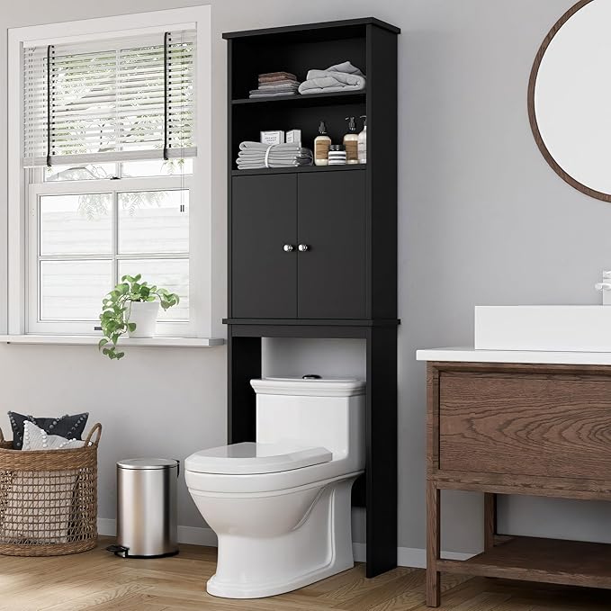 Shintenchi Over The Toilet Storage Cabinet, Bathroom Above The Toilet Rack, Bathroom Adjustable Shelf Organizer with Open Bottom Bar and Anti-Tip Device, Black