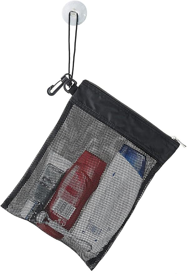 Shower Bag Tote, Mesh Caddy Toiletry Organizer 12”L x 9”W, Compact and Lightweight With Suction Cup, Cord for Hanging, Zipper and Drawstring Pouch 14”L x 10”W, Black