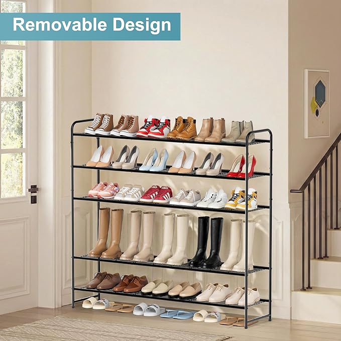 AOODA Long 6 Tier Metal Shoe Rack for Closet Wide Stackable Shoe Storage Organizer for Entryway, Bedroom, Floor, 42-Pairs Men Sneakers Shoe Shelf with Wire Grid, Black