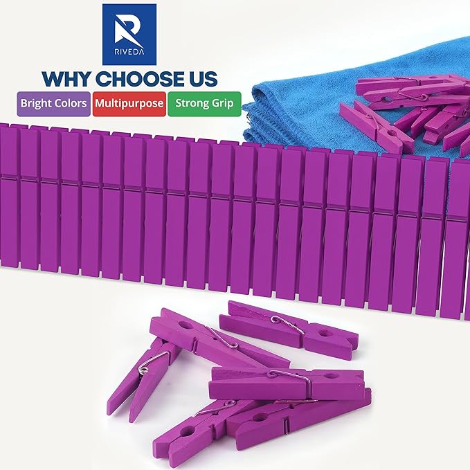 RIVEDA 50pcs Colored Wooden Clothes Pins, 2.9inch, Clothespins for Classroom, Clip Hanging Photos, DIY Clips for Crafts, Decorations (Purple)