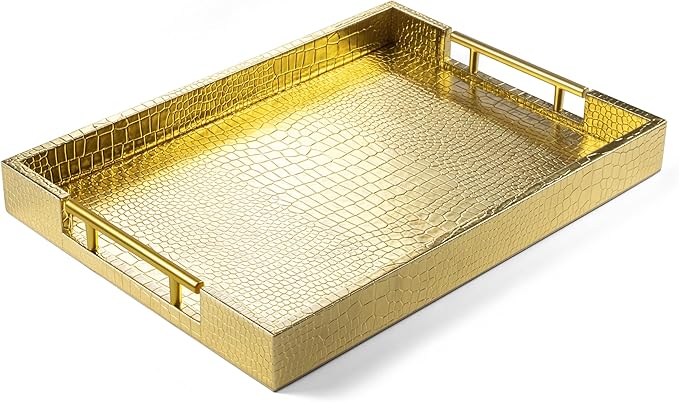 ATZYmolin 17"x12" Leather Serving Tray, Gold Handle Vanity Platter, Gold