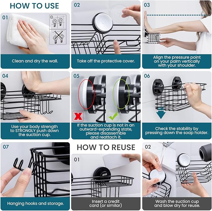 TAILI Shower Caddy Suction Cup 2 Pack with Hooks & Soap holder, Heavy Duty Shower Organizer for Bathroom, No Drilling Bathroom Organizer with Large Capacity, Black Metal Storage Basket