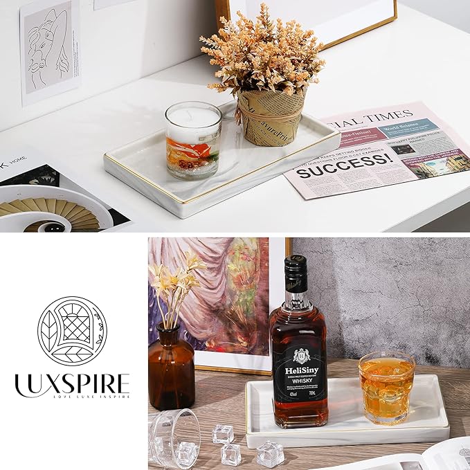 Luxspire Marble Ceramic Vanity Tray - 11" Gold and White Counter Tray for Dresser, Kitchen, Perfume, Bathroom Accessories