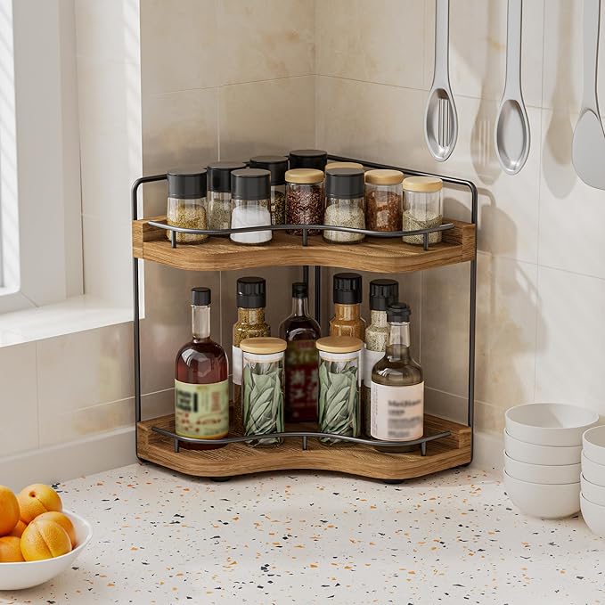 2-Tier Corner Bathroom Counter Organizer with Embedded Screw Holes, Secure & Stable Wood Vanity Shelf for Makeup and Skincare Essentials - Space Saving Bathroom Countertop Storage, Dark Brown