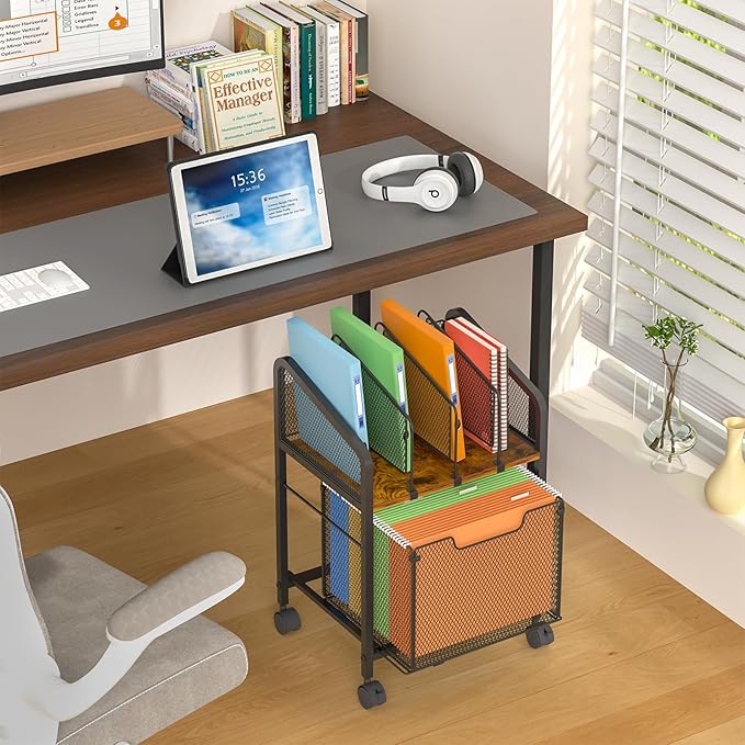 Rolling File Cabinet with Adjustable Dividers, Vertical Filing Cabinet with Storage Drawer on Lockable Wheels, Hanging File Organizer Beside Under Desk for Office, Home（Patent Pending）