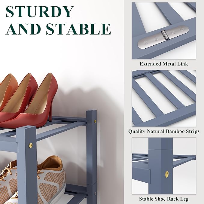 Smiry Shoe Rack, 4 Tier Long Bamboo Shoe Organizer, Stackable Free Standing Wooden Shoe Storage Shelf for Closet, Entryway, Front Door Entrance, Grey