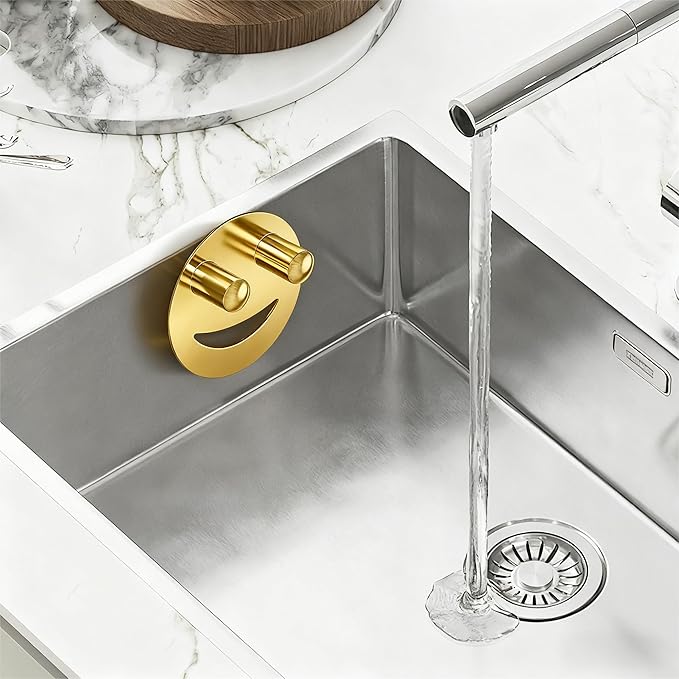 Stainless Steel Smiley Face Sponge Holder, Silver Sink Caddy Organizer Storage with Suction Cup for Kitchen, Kitchen Accessories Decor Scrubber-Gold