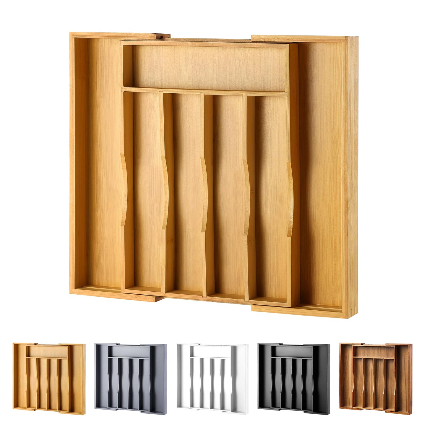 oridom Expandable Bamboo Kitchen Drawer Organizer for Cutlery and Utensils, Adjustable Bamboo Wood Cutlery Tray in Drawer for Flatware and Silverware in Kitchen, (White)