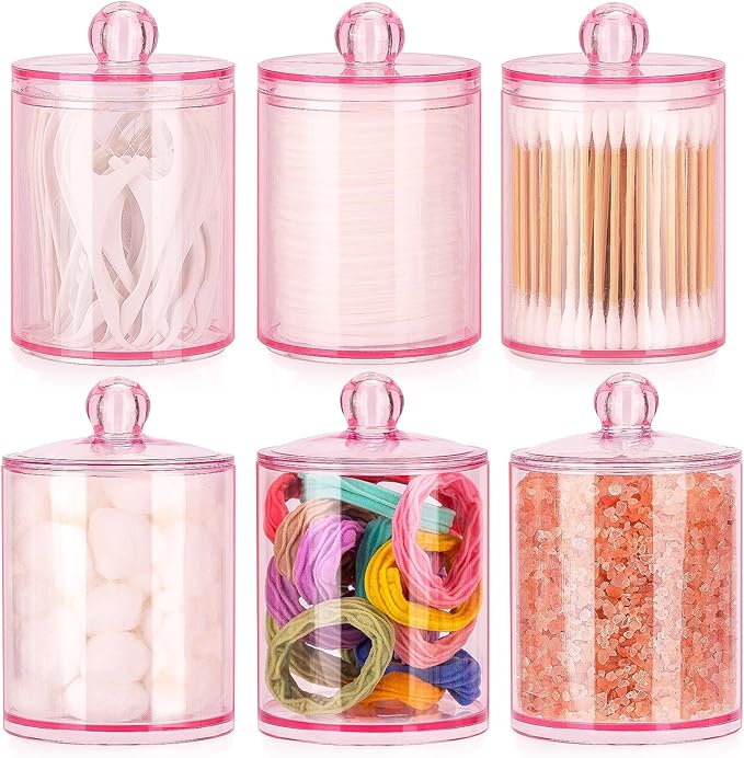 Tbestmax 6 Pack Qtip Holder - 12 oz, 10 oz Bathroom Organizer and Storage Containers, Plastic Apothecary Jars with Lids for Cotton Ball, Cotton Swab, Floss, Pink