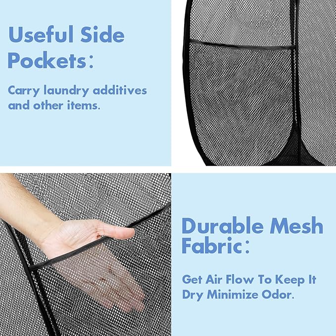 DUCOO Pop Up Hamper, 2 PCS Mesh Pop Up Laundry Hamper, Foldable Mesh Laundry Basket with Space-Saving Design for Home, Dorm, Travel & Storage - Black