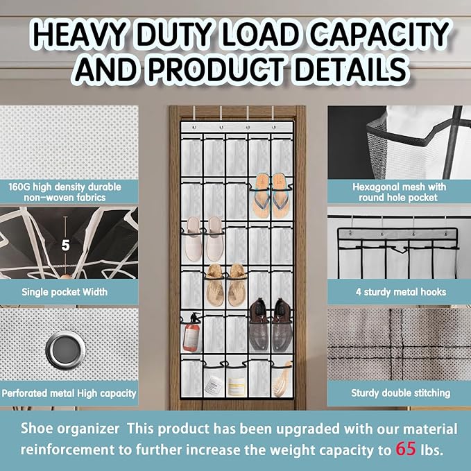 Over the Door Shoe Organizer with 30 Breathable Mesh Pockets - Large Capacity Closet Storage for Men & Women, Hanging Shoe Rack Organizer (2PC-White)