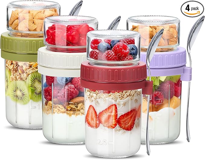 Danmu 4 Pack Overnight Oats Containers with Lids 21 oz (16+5),Dual-Layer Yogurt Parfait Cups with Lids,Meal Prep Containers Glass for Snack,Overnight Oats,Yogurt,Parfait,Salad Dishwasher Safe