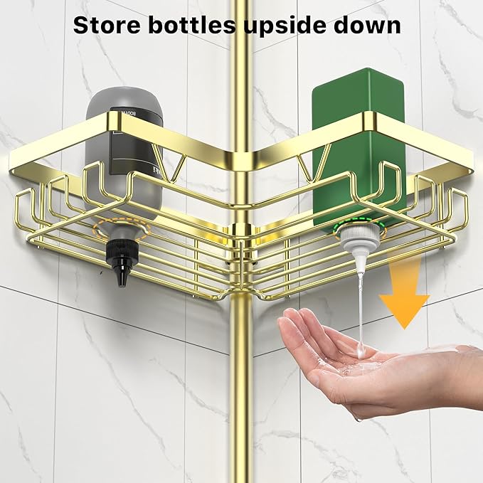 Shower Caddy Tension Pole with 2 Soap Holders, Adjustable Corner Shower Caddy, Gold Finish, Expandable 25-114.2 Inches for Bathtub Corner, Bathroom Storage Organizer