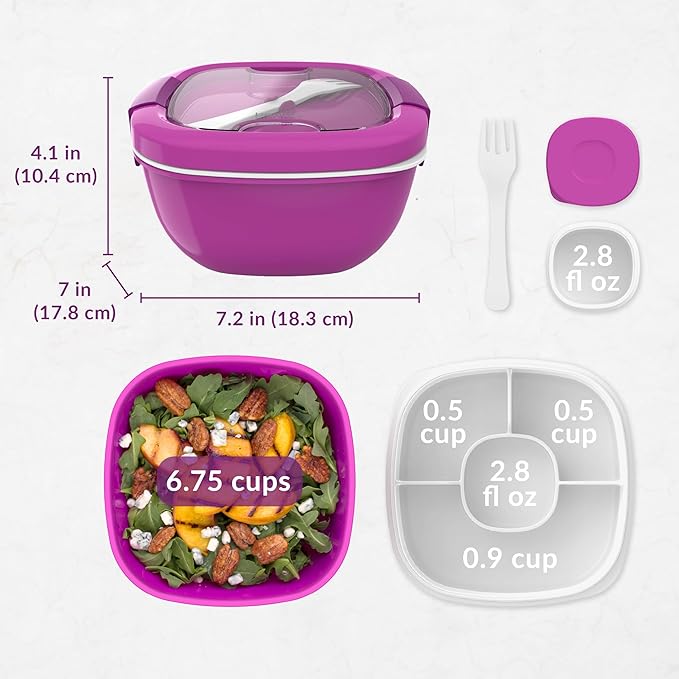 Bentgo Salad Container - 54 oz Bowl with 4-Compartment Toppings Tray, Leak-Proof Dressing Container, Reusable Fork, BPA-Free Lunch Box for Meal Prep & Food Storage; Removable Bento Tray (Purple)