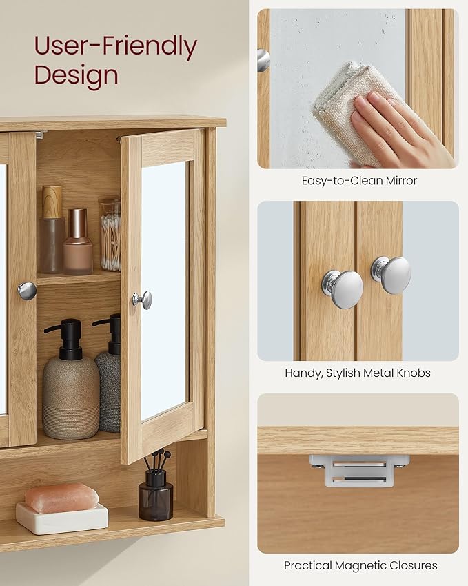 VASAGLE Bathroom Cabinet with Mirror, Wall Cabinet with 2 Mirrored Doors, Adjustable Shelf, Open Compartment, Wall-Mounted, 5.1 x 22.2 x 23 Inches, Natural Oak ULHC003Y01
