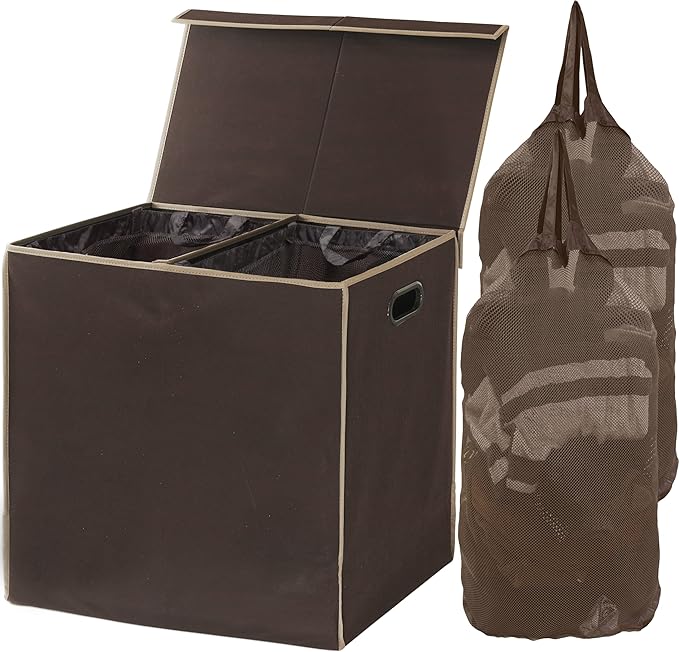 Simple Houseware Double Laundry Hamper with Lid and Removable Laundry Bags, Brown