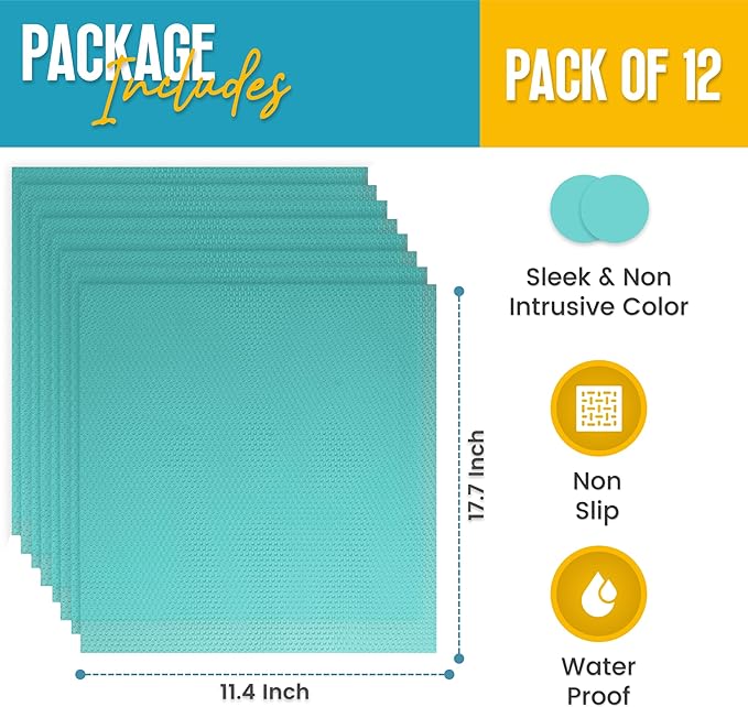 Refrigerator Liners for Shelves (12 Pack) by Linda’s Essentials - Non-Adhesive Shelf or Drawer Liner, BPA-Free Fridge Mats for Kitchen & Cabinets, Easy to Clean, Ideal Household Essentials (Blue)