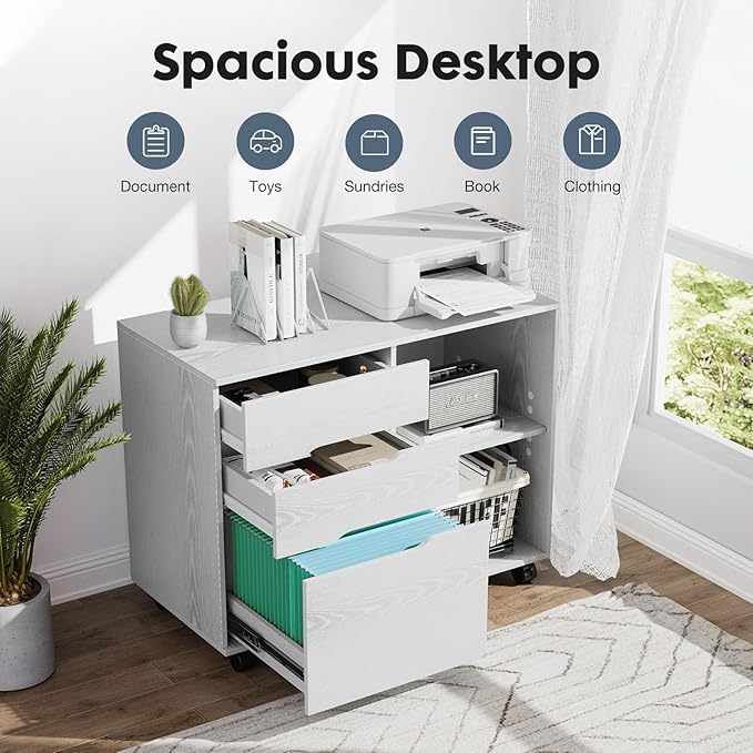 DUMOS Lateral File Cabinet with 3 Drawers Rolling Filing Cabinets Under Desk Storage Printer Stand Wood Organizer with Wheels Adjustable Shelf for Office Home Small Space, White