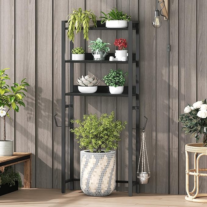 Over The Toilet Storage Rack, 3 Tier Bathroom Organizer Over Toilet, Freestanding Space Saver Toilet Stand with 2 Hooks, Bathroom Storage Shelf, Easy to Assemble, Black TSBK6001