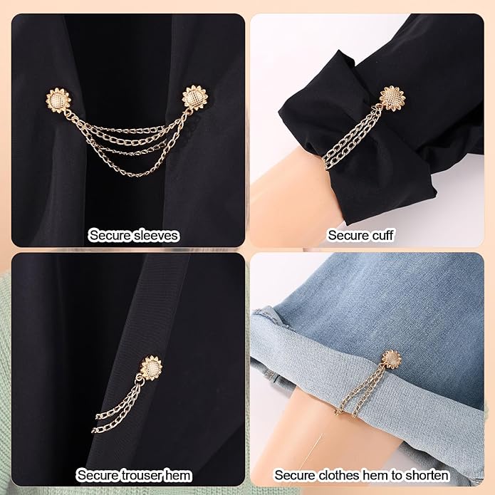 6pcs Magnetic Clothing Clips with Chain, Multi-Function Magnet Button Pins Hijab Cuff Clips for Fixing Hem of Clothes Long Pants Legs Sleeves of Shirts
