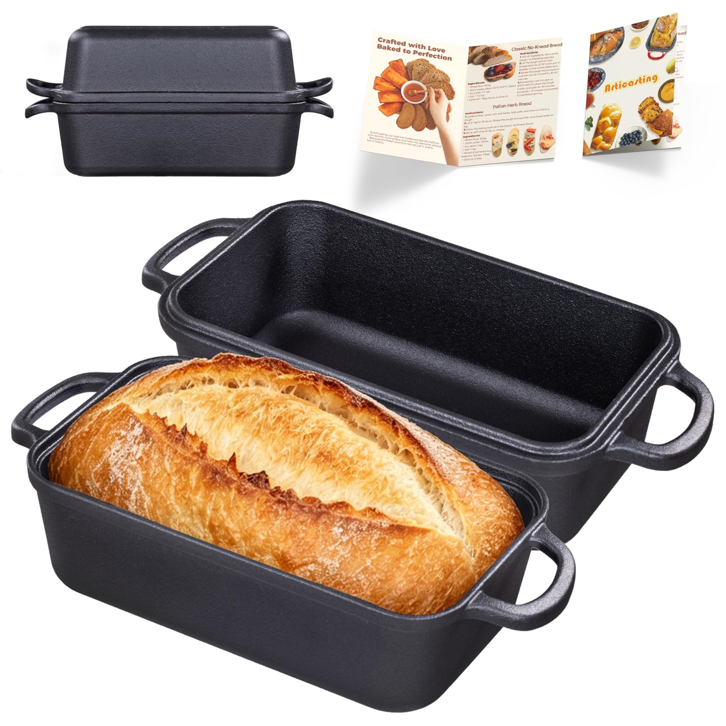 Articasting Cast Iron Loaf Pan with Lid, 11x5 Inch 5.8 Qt Pre-Seasoned Pan