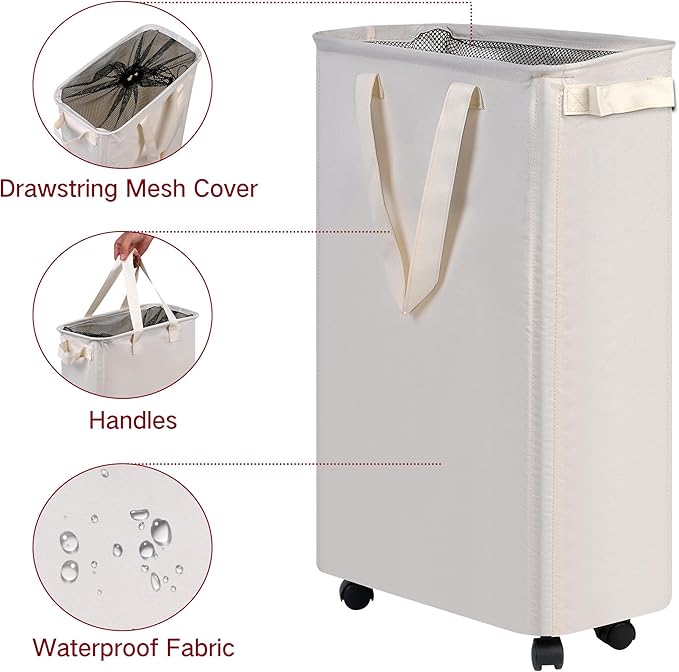 efluky Slim Laundry Hamper with Wheels, Rolling Laundry Basket for Clothes, Small Laundry Basket for Bedroom, Dorm and Laundry Room, 60L (12.7 Gallons) Beige