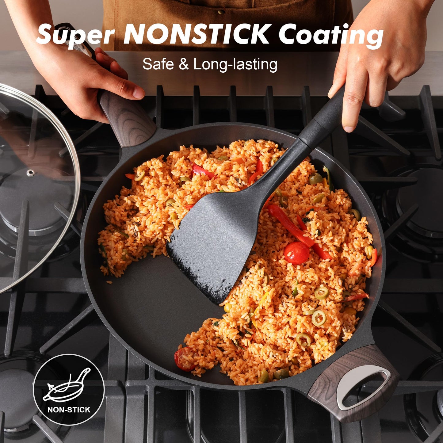 SENSARTE 9.5inch Ceramic Nonstick Frying Pan Paella Pan with Lid, Taupe