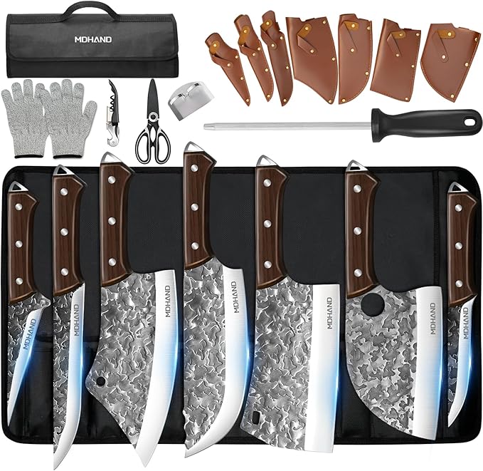 MDHAND Butcher Knife Set, Hand Forged Kitchen Chef Knife Set with Roll Bag