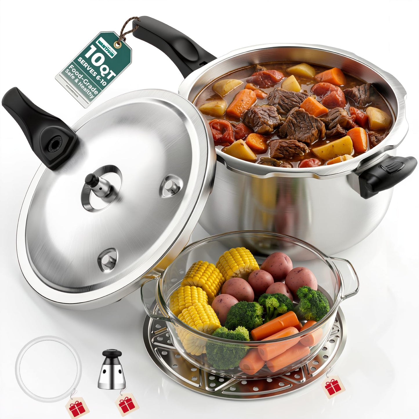 WantJoin Stainless Steel Pressure Cooker(Non-Aluminum),11 Quart Induction Compatible Pressure Cooker with Spring Valve Safeguard Devices,Compatible with Gas & Induction Cooker