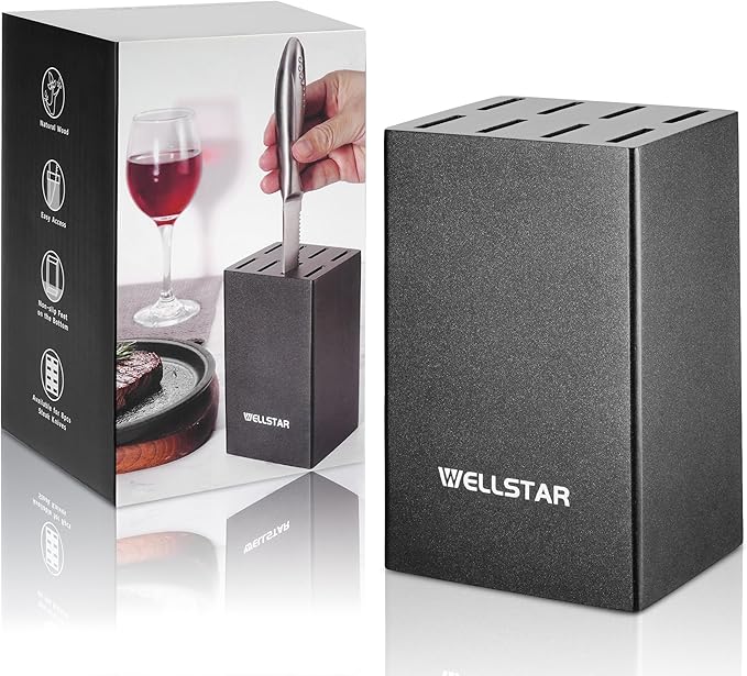 12 Slot Kitchen Knives Block, WELLSTAR Natural Wood Knife Holder without Knives – Hard Wood Countertop Knife Storage with Built-in Knife Sharpener - Black