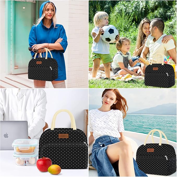 Coobiiya Lunch Bag Women,Lunch Box LunchBag for Women Adult Men, Small Leakproof Cute Lunch Tote Large Capacity Reusable Insulated Cooler Lunch Container for Work/Office/Picnic/Travel-Black Polka Dot