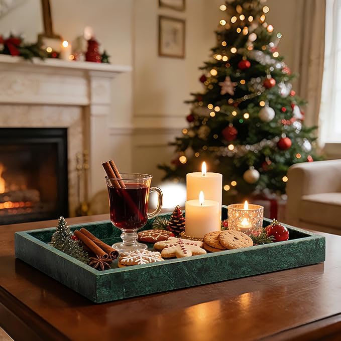 Real Natural Marble Tray for Bathroom, Genuine Marble Stone Vanity Tray, Luxury Storage Trays for Kitchen, Vanity, Home Decor, Dresser, Non-Resin/Non-Ceramic, 12"x 8"x 1.2", Dark Green