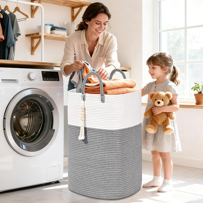 Woven Laundry Basket for Clothes, 100L Large Rectangle Laundry Hampers with Beads Tassel, Nursery Storage Basket for Toys, Tall Dirty Clothes Hamper for Bedroom Aesthetic, Laundry Room Organization