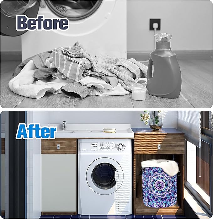 Mandala Laundry Basket Beautiful Flowers Foldable Oxford Cloth Funny Tote Bag Laundry Hamper Clothes Storage Bucket Organizer For Bathroom/Laundry Storage/Bedroom 17.7x13.7 Inch