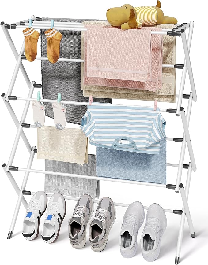 Foldable Clothes Drying Rack – Metal Laundry Drying Rack with Non-Slip Feet, 3-Tier Space-Saving Clothing Rack for Laundry Organization, Indoor & Outdoor Use, 11.4"D x 29.1"W x 37.4"H, White