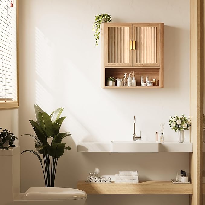 Bathroom Wall Storage Cabinet, Medicine Cabinet with Adjustable Wood Shelf & Doors, Over The Toilet Storage Cabinet for Laundry Room & Kitchen & Living Room (Natural Oak)