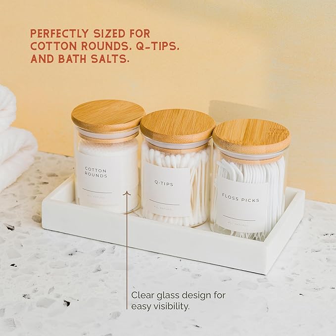 Mini Glass Apothecary Jars with Bamboo Lids, Small Bathroom and Kitchen Storage Containers, For Cotton Balls, Pads and Swabs, 10 oz, Set of 3 (Clear)