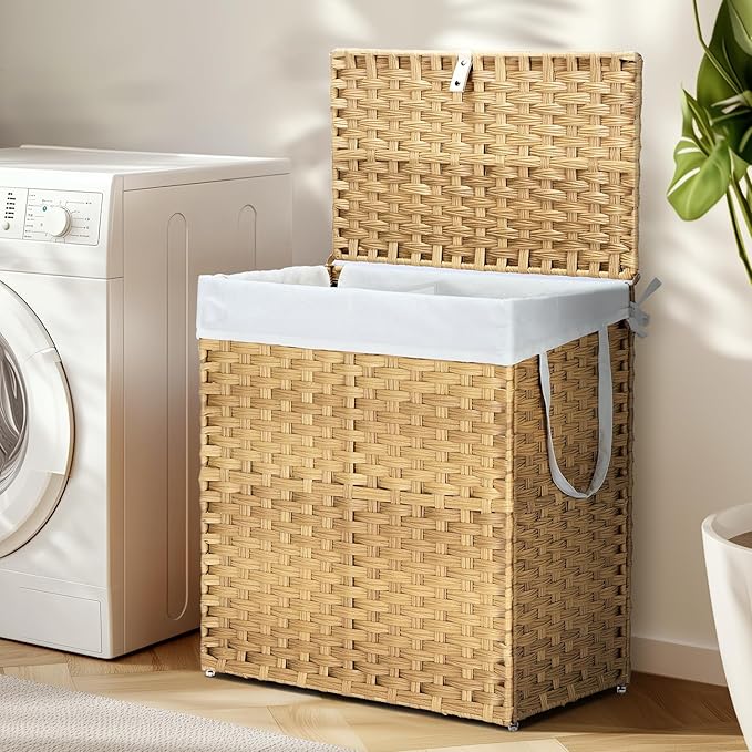 DUMOS Wicker Laundry Basket with Lid, 29.6 Gallon (112L) Woven Laundry Hamper with Handles, Foldable Rattan Clothes Hamper with Removable Liner & Sturdy Steel Frame, Goose Yellow
