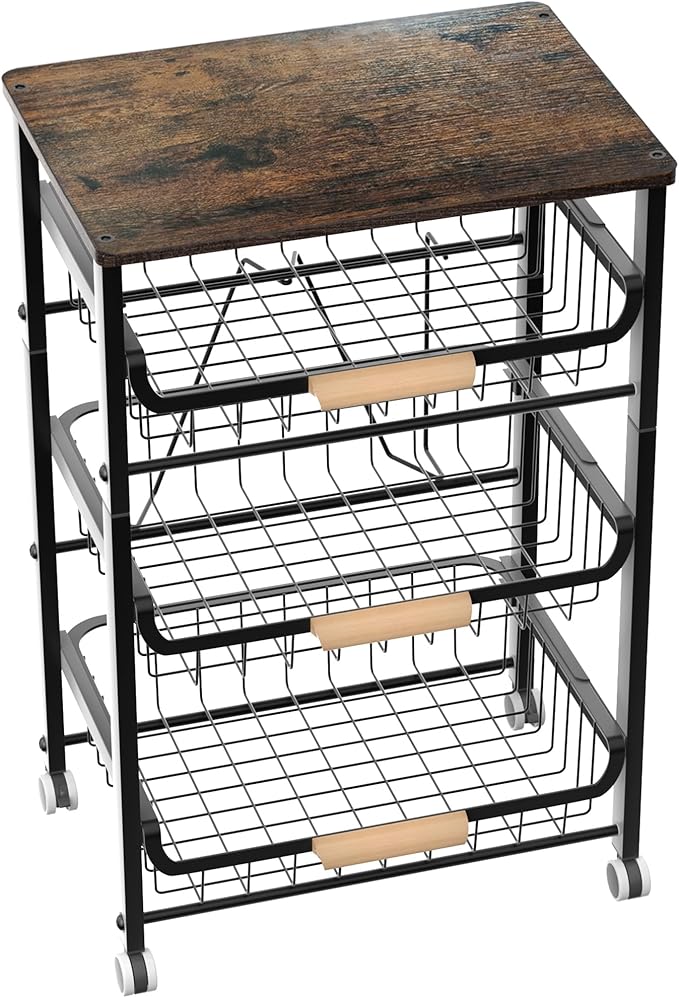NiuYichee 3-layer Kitchen Fruit Storage Basket Snack Rack, Countertop & Desktop Pull-out Metal Basket with Handle, Organizers