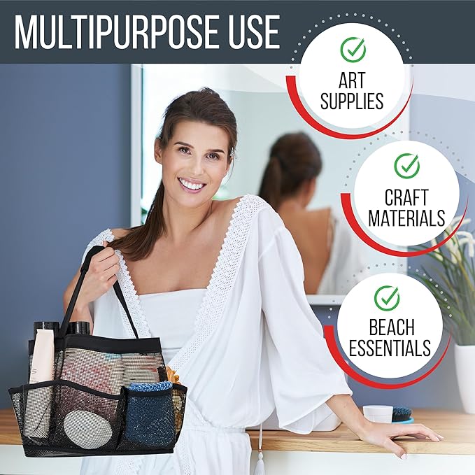 Masirs Shower Caddy Mesh - 9 Pocket Portable Bathroom Organizer Tote for Travel, Gym & Dorm - Collapsible Small Shower Caddy Bag to Hold Toiletries & Essentials (Black)