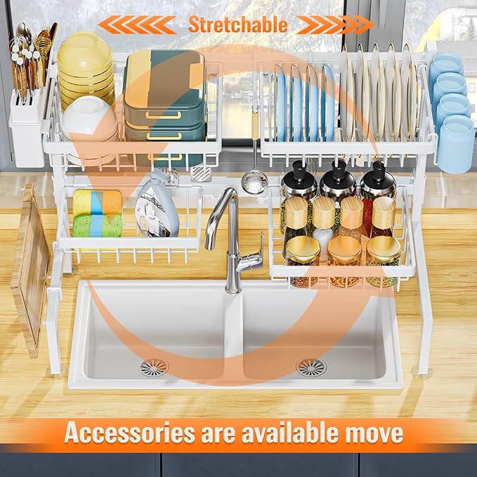 YKLSLH Over Sink Dish Drying Rack, Expandable Large Drying Rack, Suitable for Most Sinks (24.8"-35.4"), Adjustable Metal Rack, Space Saving, White