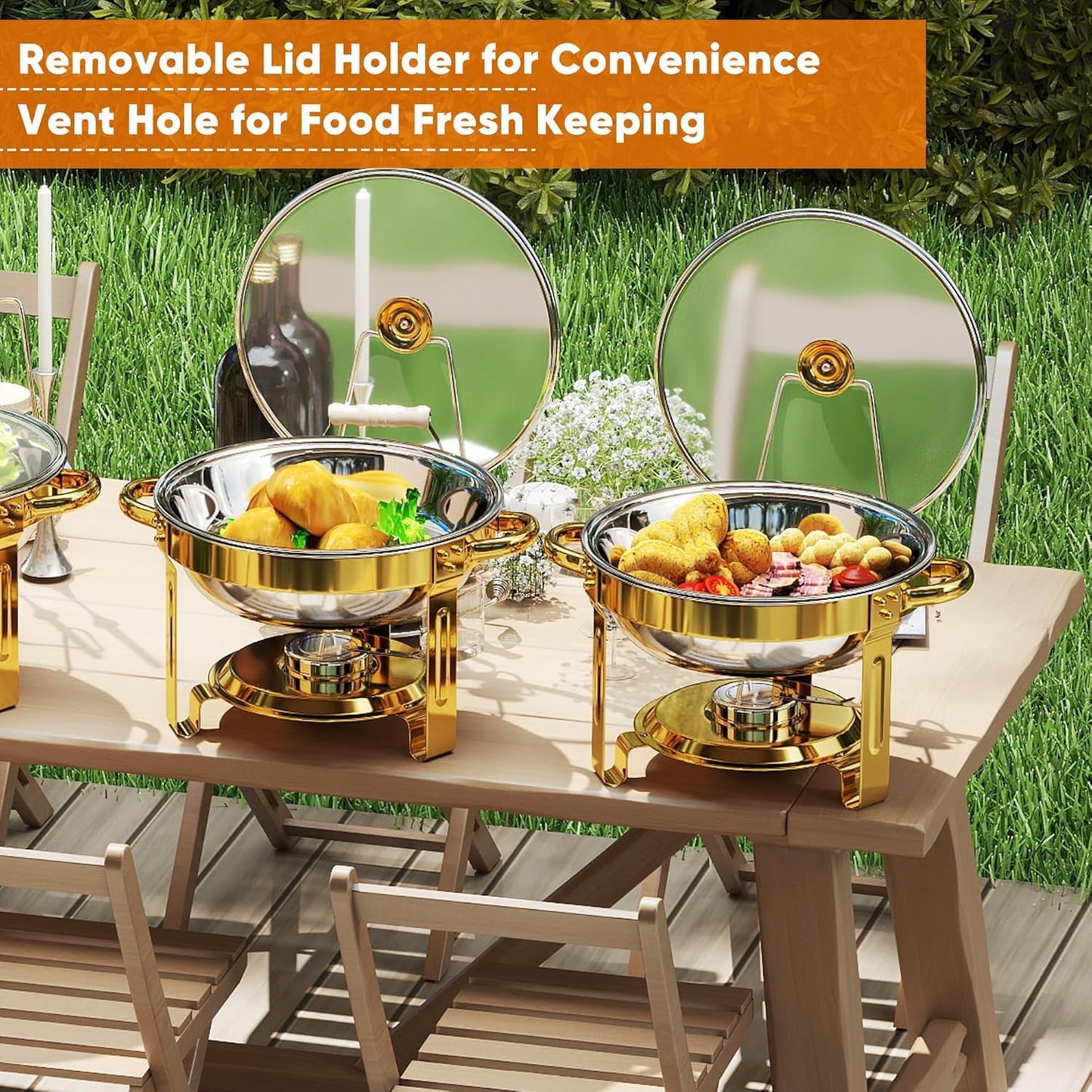 EffiQ-Rate 5QT Round Chafing Dishes for Buffet, Gold, 4 Pack
